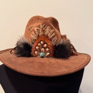 Henschel Brown Suede Western Hat with Feather and Turquoise Accents Size Medium